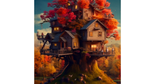 Complex image of boy sitting in a treehouse