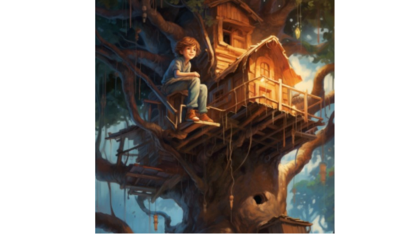 Simple image of boy sitting in a treehouse