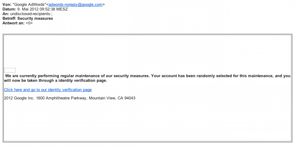 «Security measures»: Google AdWords Phishing