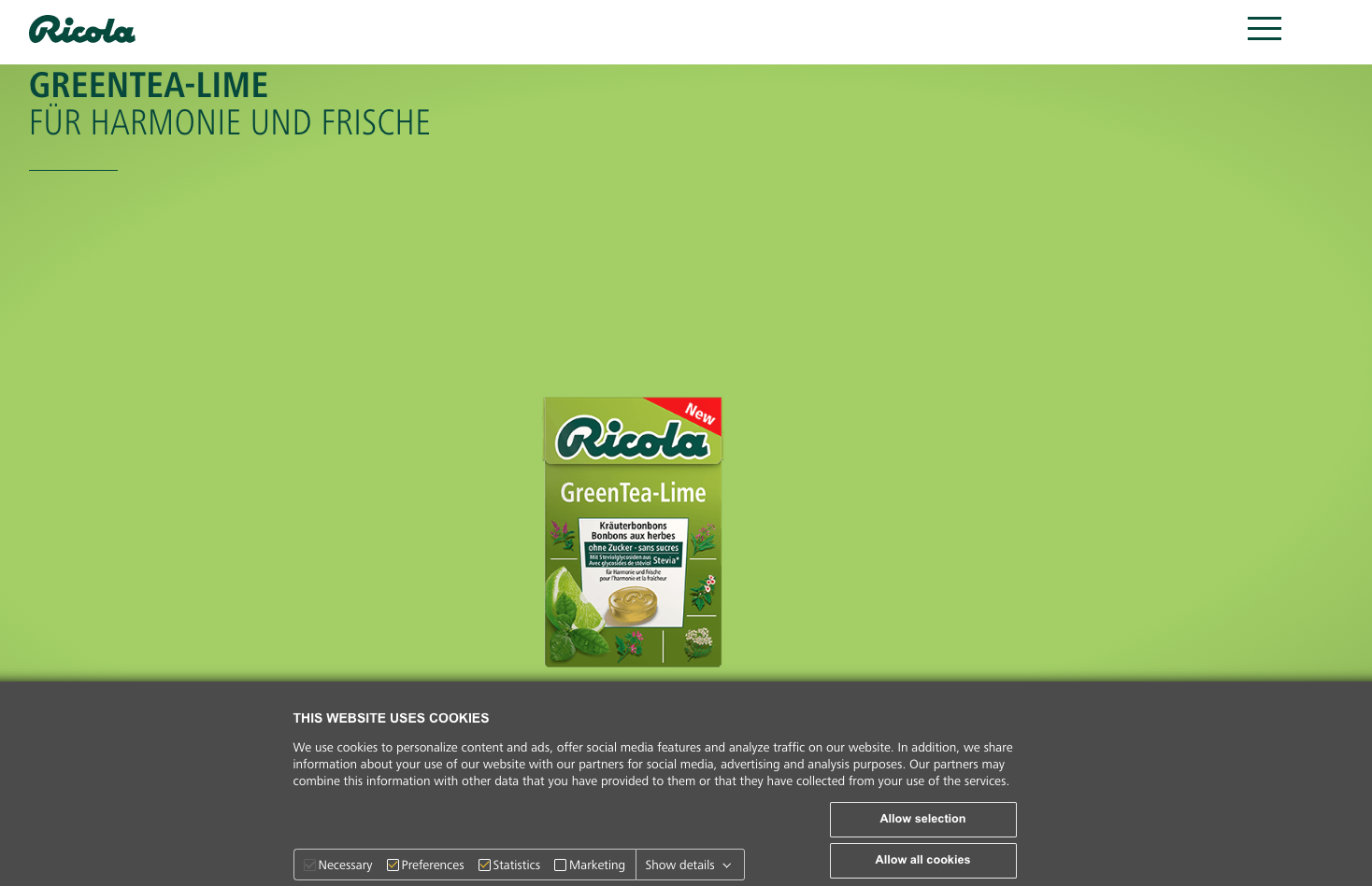 Ricola website with cookie banner